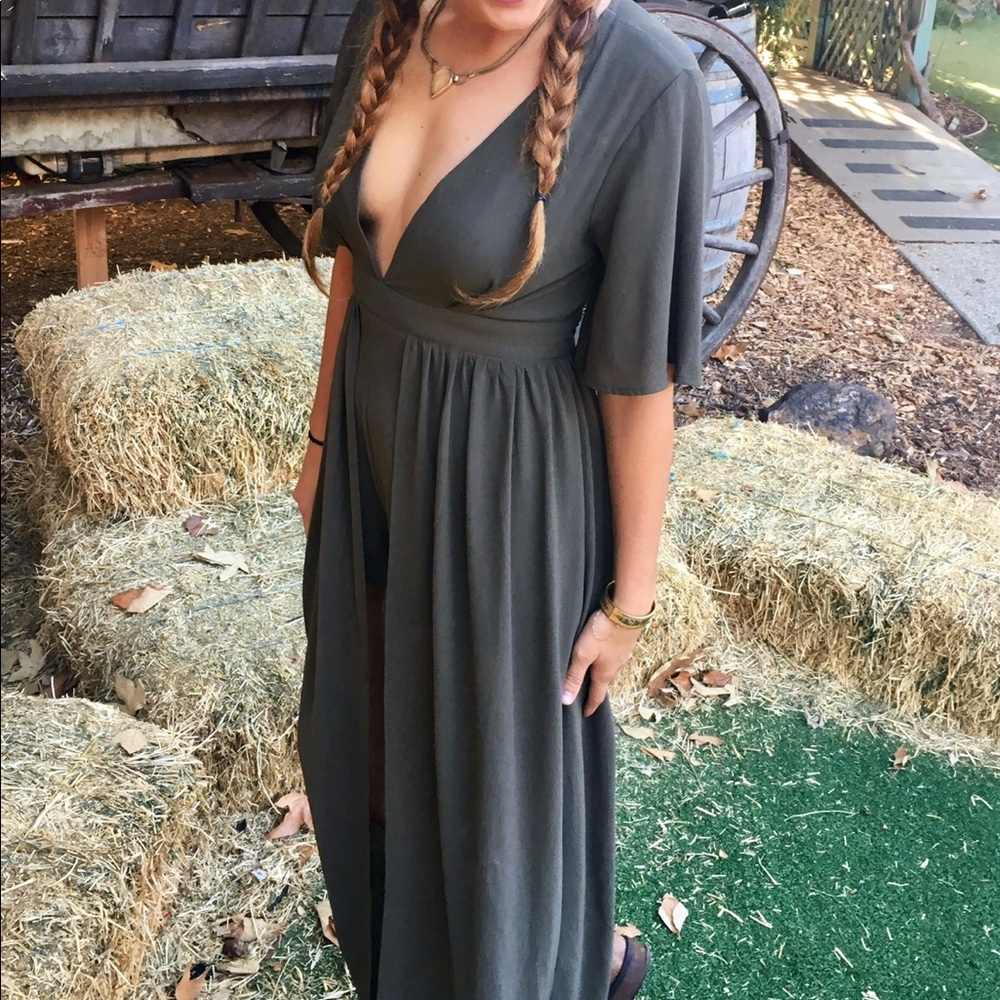 Olive Green Romper with Long Cape Skirt - Picture 3 of 8